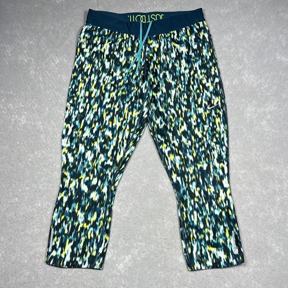 NIKE DRI-FIT RUNNING TIGHTS WOMEN’S XL GREEN RELAY PATTERNED CROP 627075-369 - Picture 1 of 13